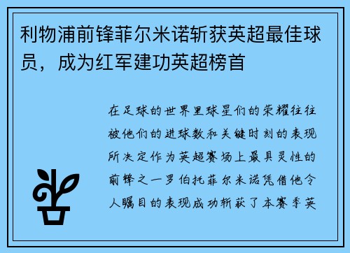 利物浦前锋菲尔米诺斩获英超最佳球员，成为红军建功英超榜首